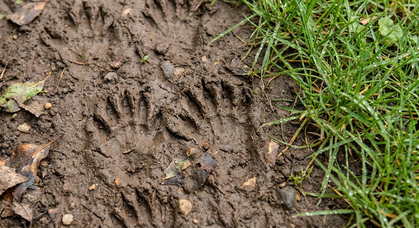 Raccoon paw prints in soft mud near a lawn edge, showing long finger-like toes