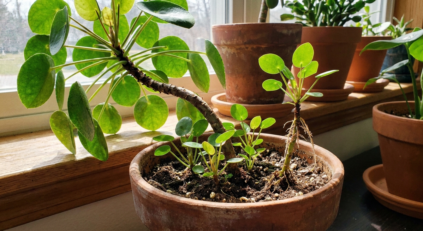 Real photo of a Chinese money plant in a pot with several pups of different heights around the base, showing one pup tall enough to separate