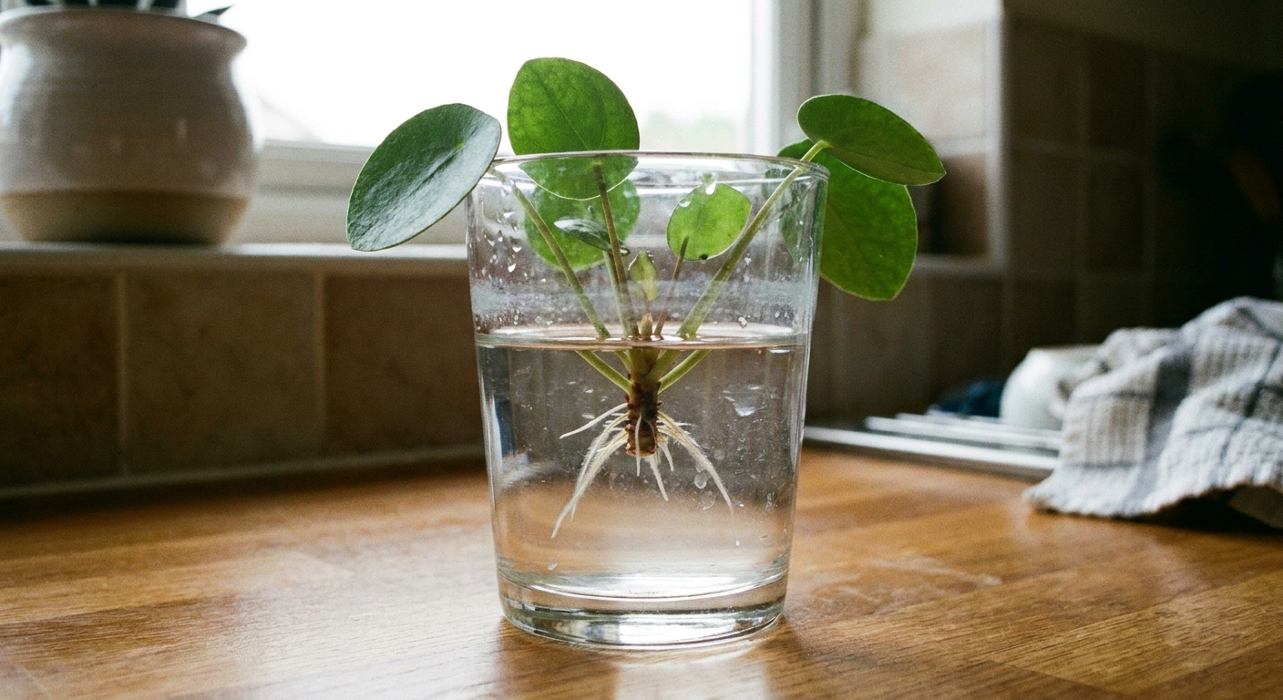 Real photo of a Chinese money plant pup rooting in a clear glass of water on a kitchen counter, with the base submerged and leaves held above the waterline