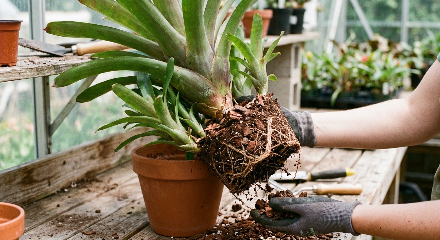 Real photo of a bromeliad lifted from its pot, showing the base and several pups clustered around the mother plant with potting mix falling away