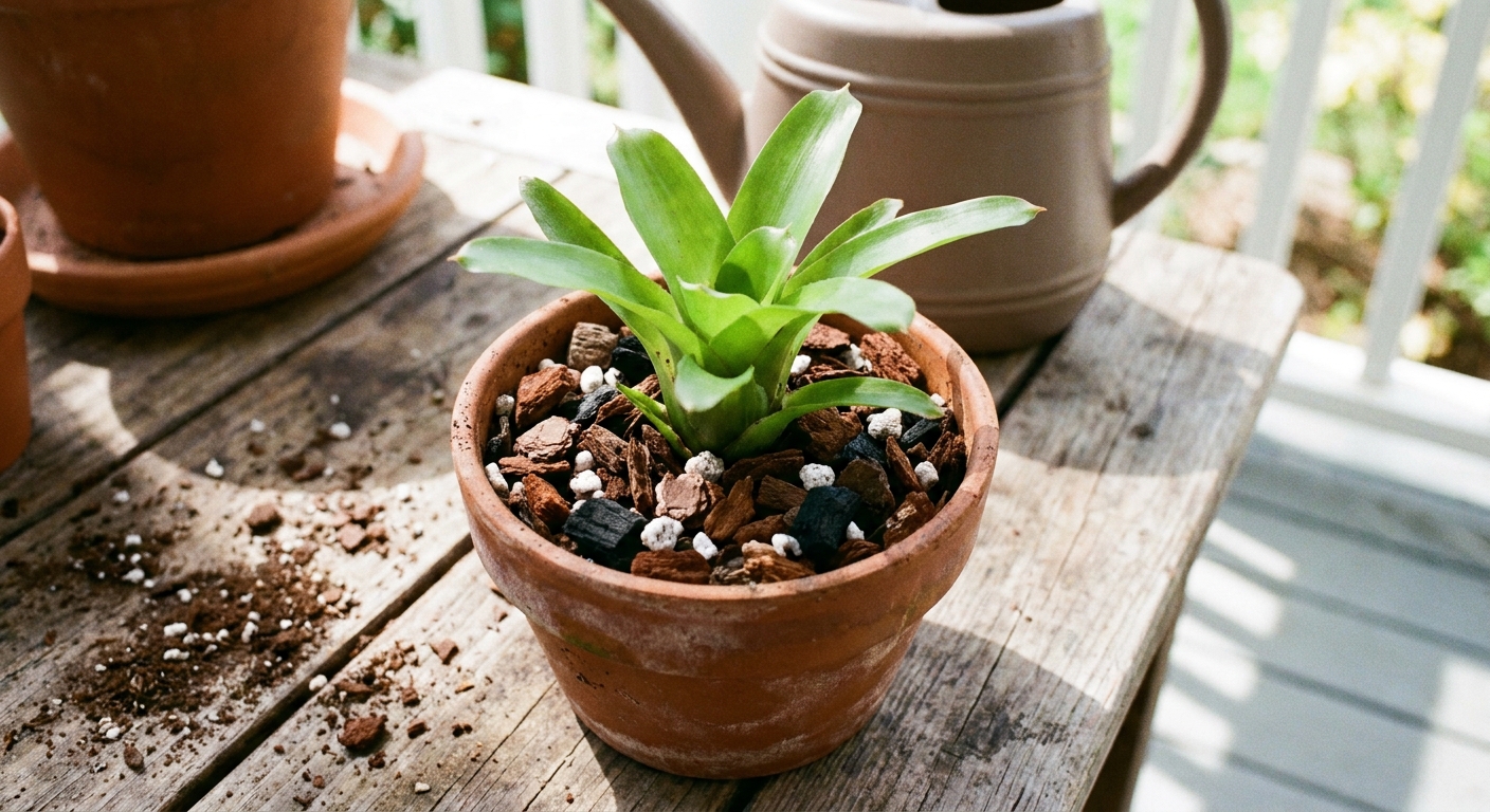 Real photo of a newly potted bromeliad pup in a small terracotta pot with chunky orchid bark mix visible at the surface