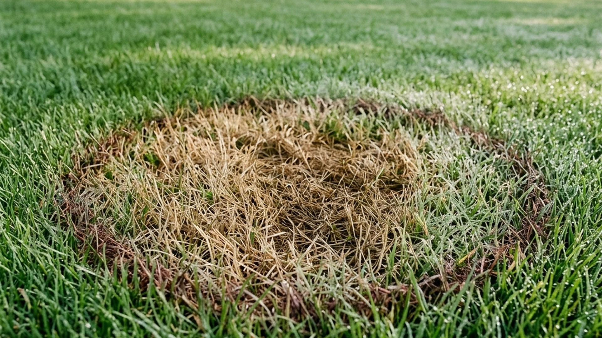 Real photograph of a lawn area with a roughly circular brown patch and a darker outer ring visible in morning dew