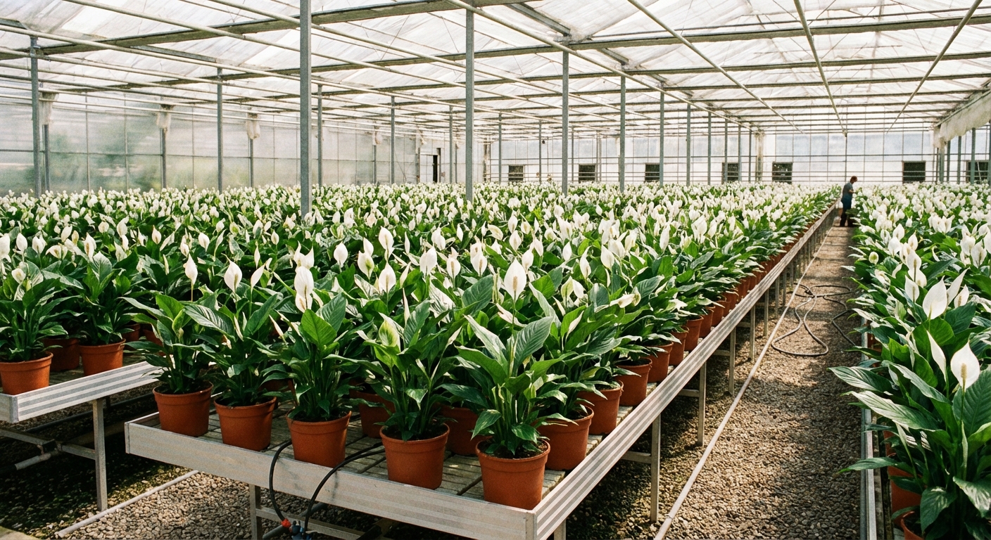 Rows of peace lilies growing in a commercial greenhouse with bright filtered light and uniform pots, realistic photography