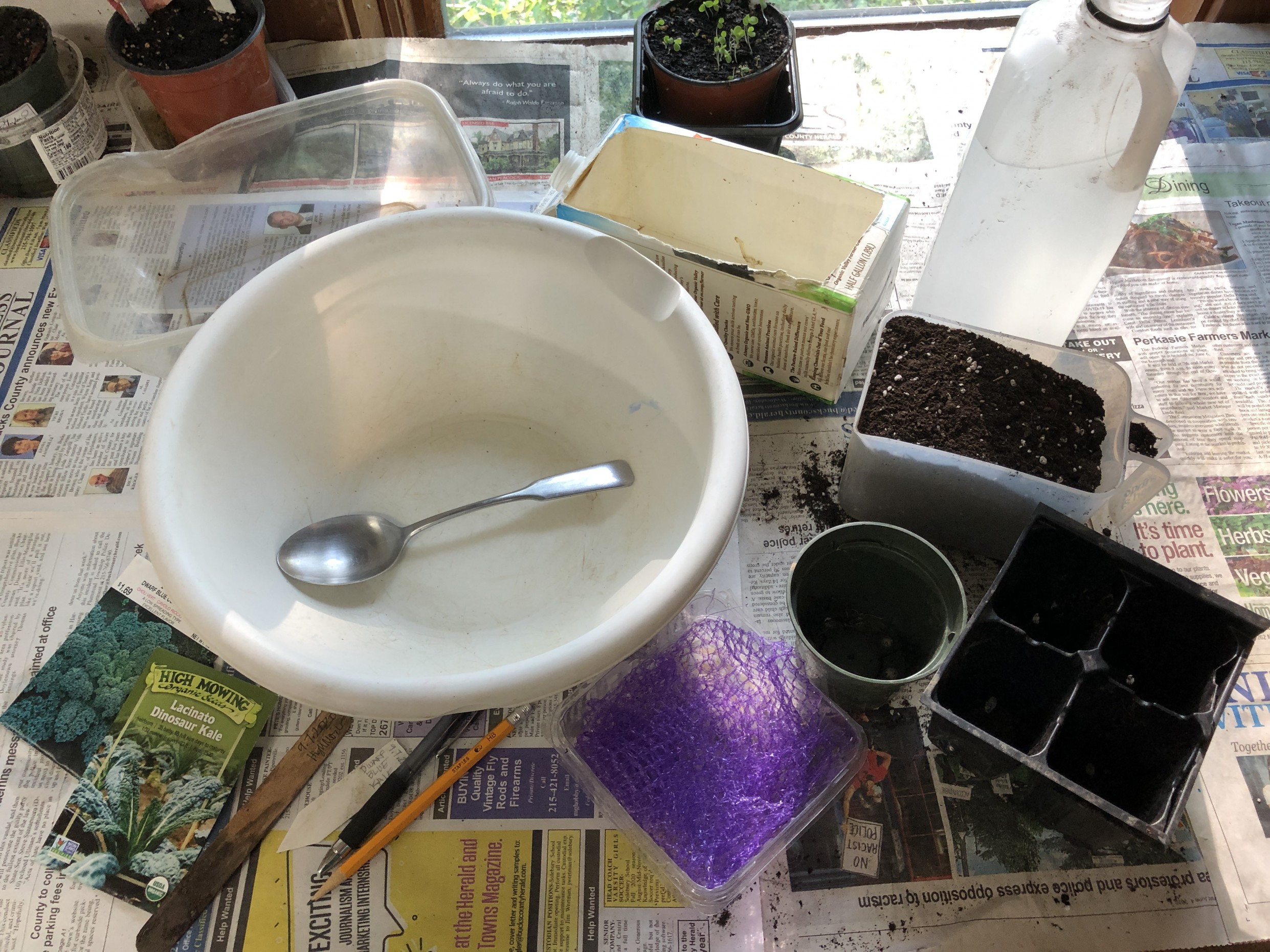 Seed starting trays, sterile seed starting mix, plant labels, a spray bottle, and a small heat mat arranged on a kitchen table, realistic photo