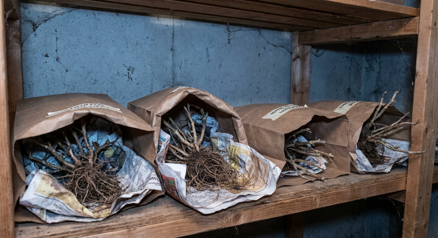 Several bare-root geranium plants wrapped in newspaper and tucked into paper bags on a basement shelf, real photo