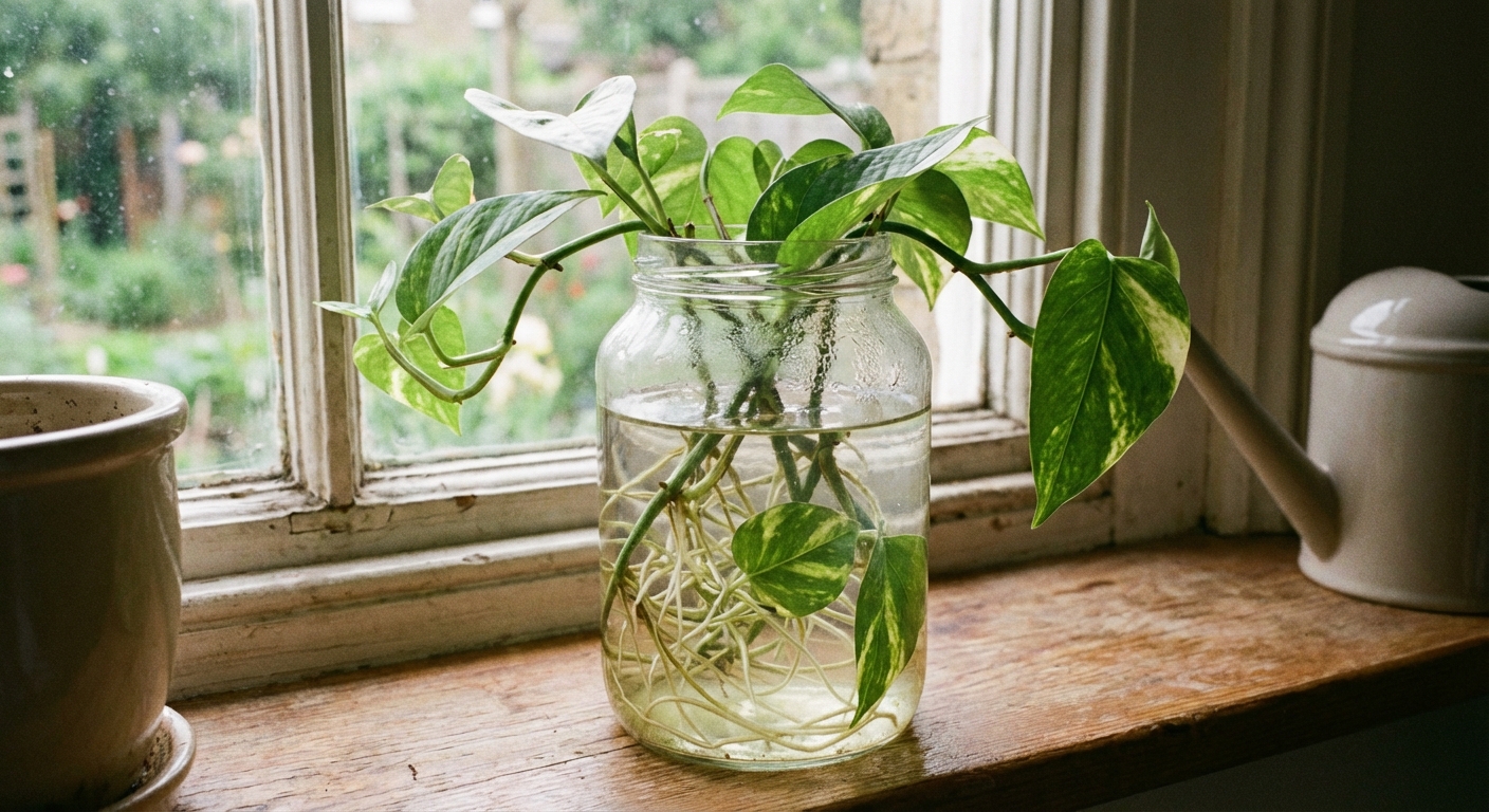 Several pothos stem cuttings rooting in a clear glass jar on a windowsill, visible white roots in water, soft natural light, realistic photography