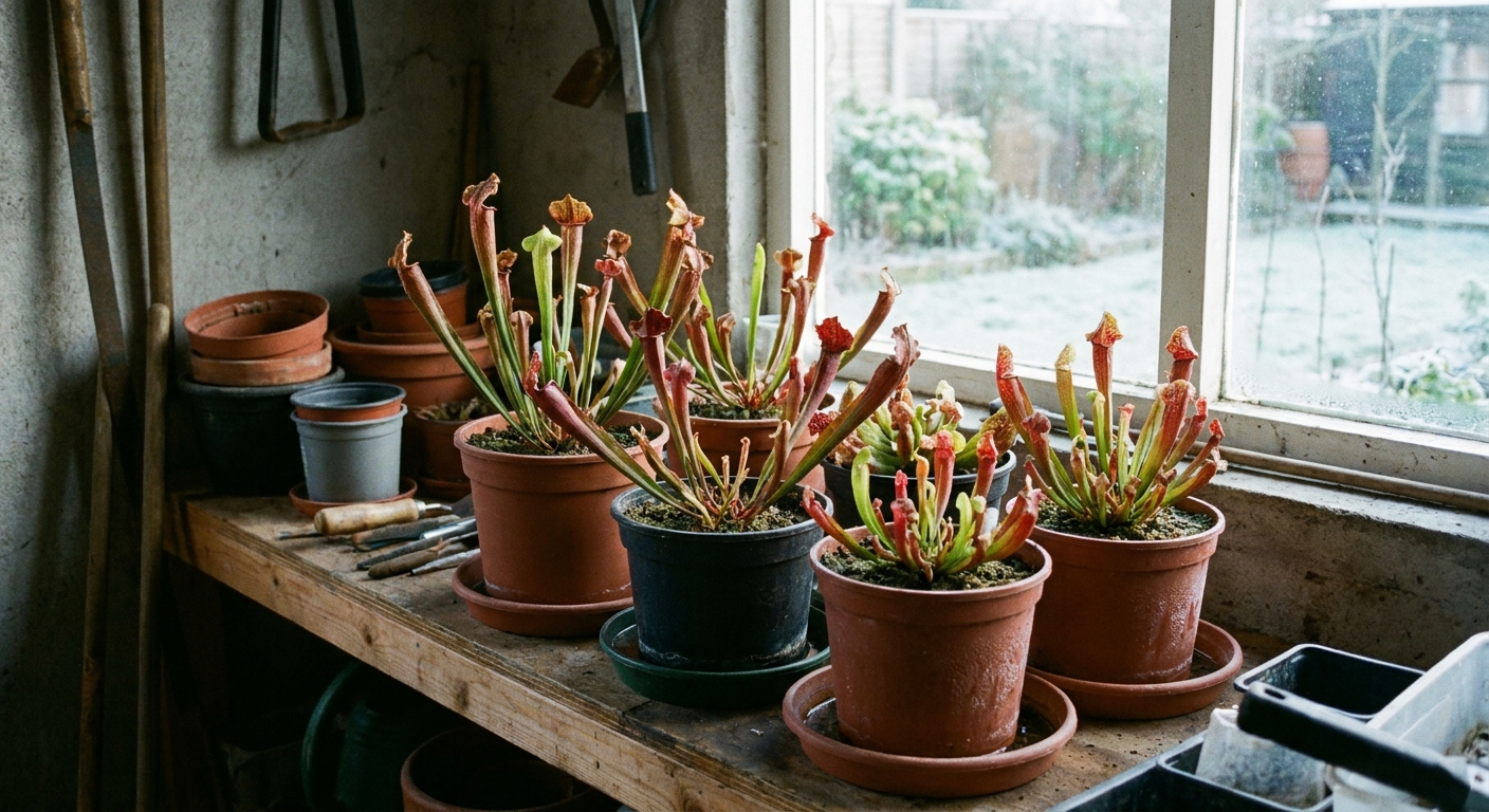 Several potted Sarracenia plants resting on a shelf in an unheated garage with cool ambient light, real photo