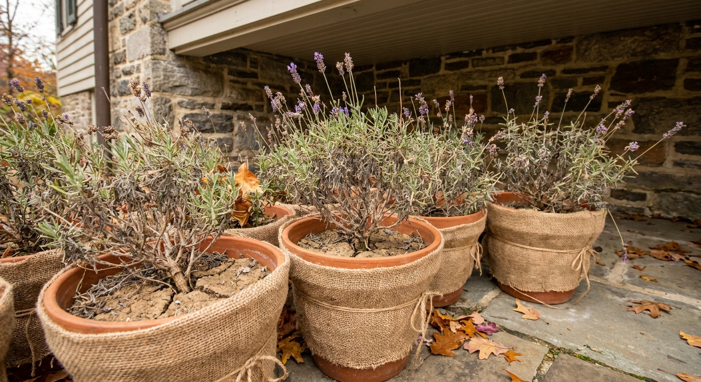 Several potted lavender plants grouped against a sheltered house wall in late fall, with pots wrapped for insulation and dry soil visible