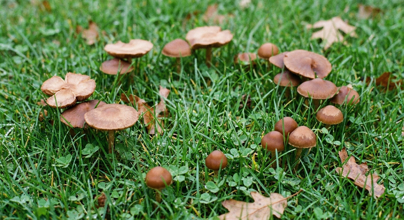 Several small brown lawn mushrooms forming a partial ring pattern in turfgrass
