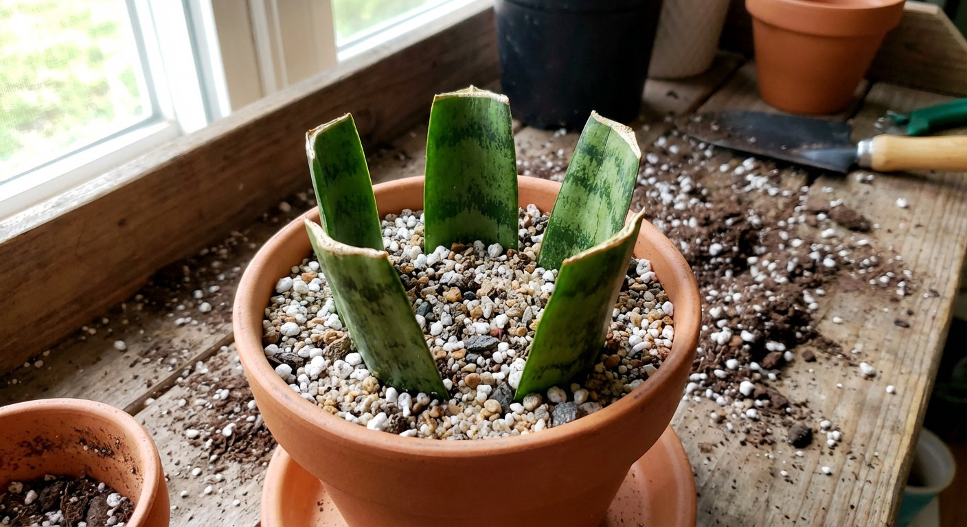Several snake plant leaf segments inserted upright into a small terracotta pot filled with gritty succulent soil, sitting on a potting bench with soft natural light, photorealistic