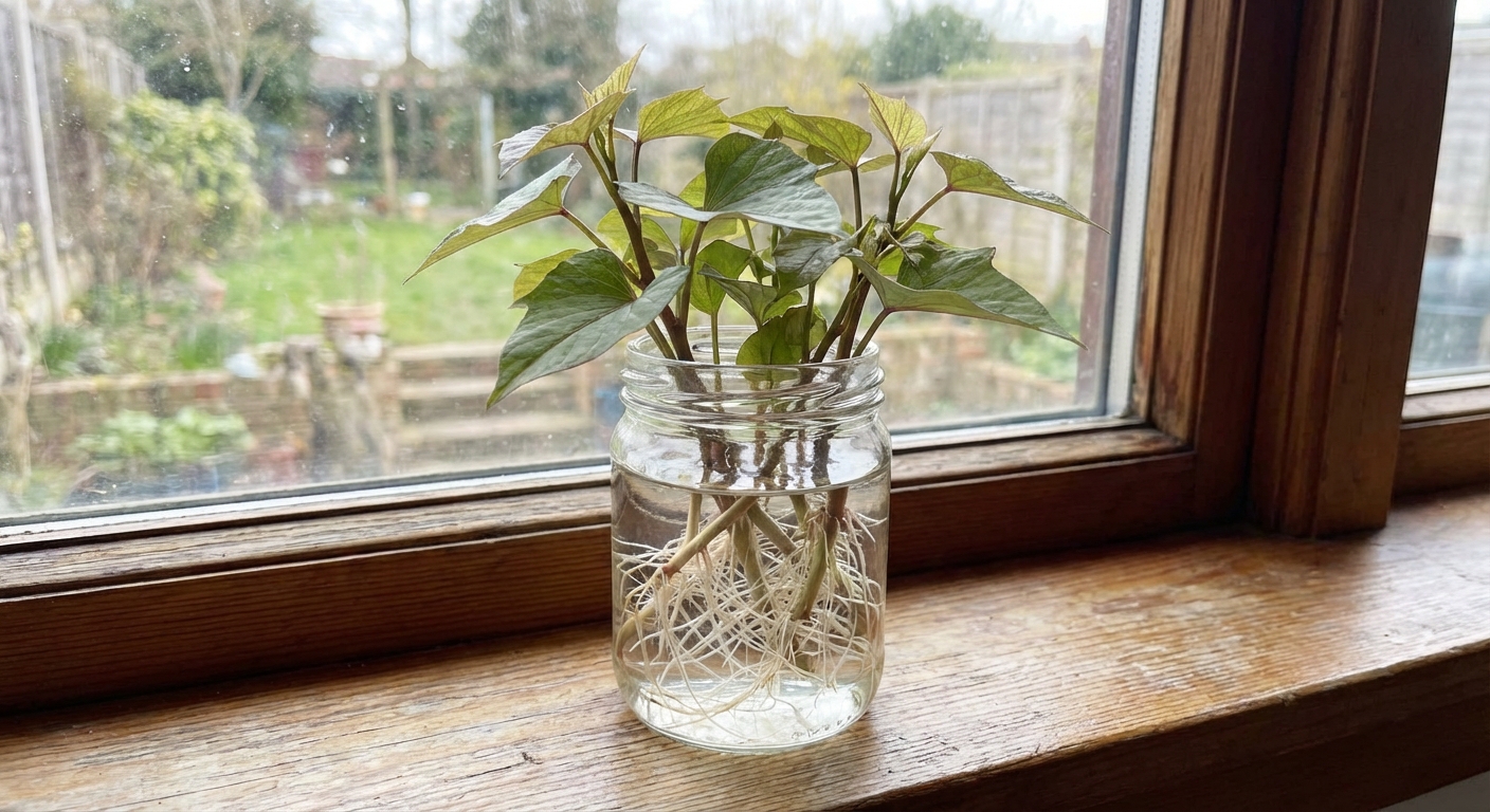 Several sweet potato slips standing in a clear glass jar of water on a bright kitchen windowsill, roots visible through the glass, natural daylight photography