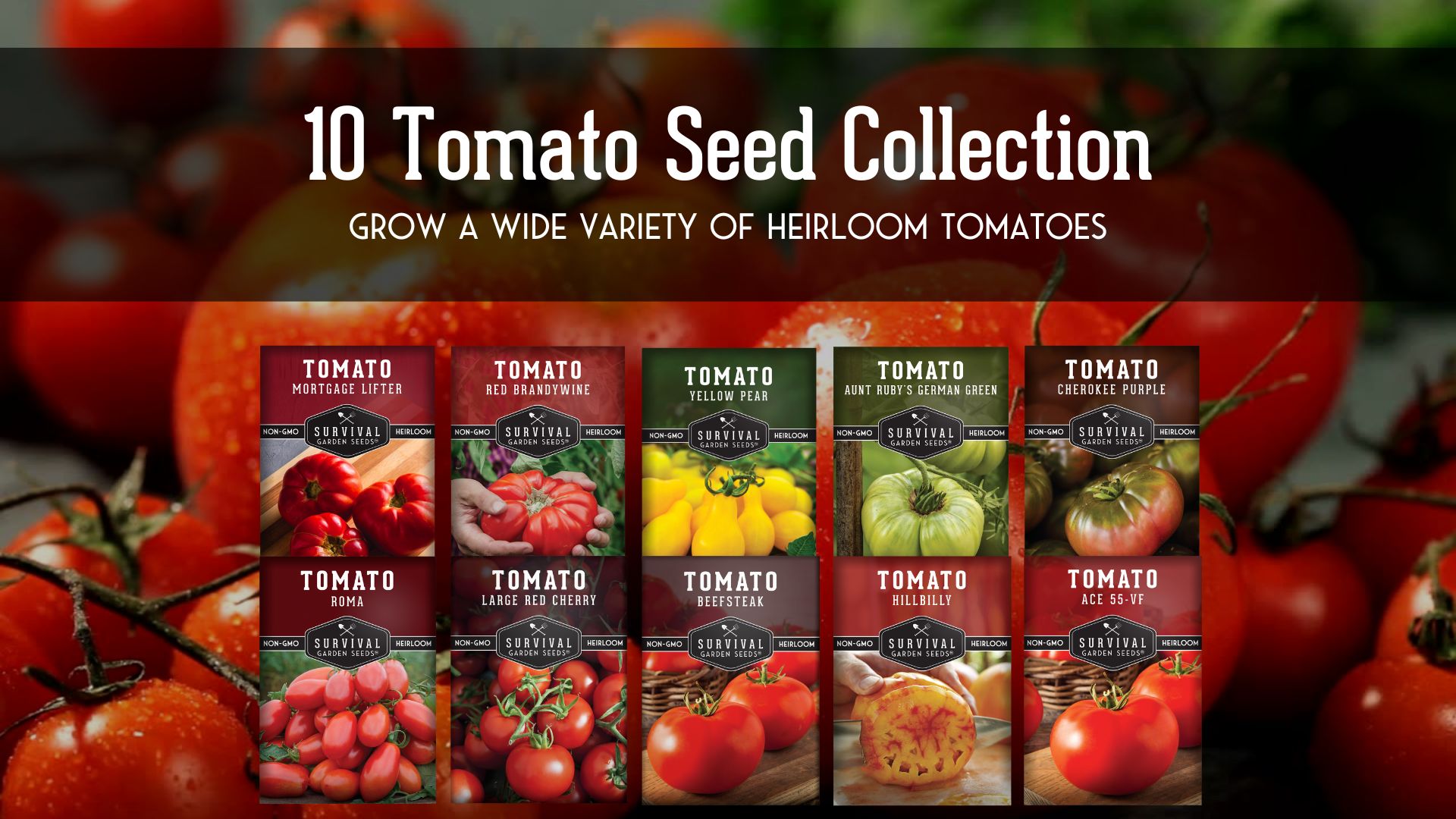 Several tomato seed packets spread out on a wooden potting bench next to small pots and a hand trowel, realistic gardening photo