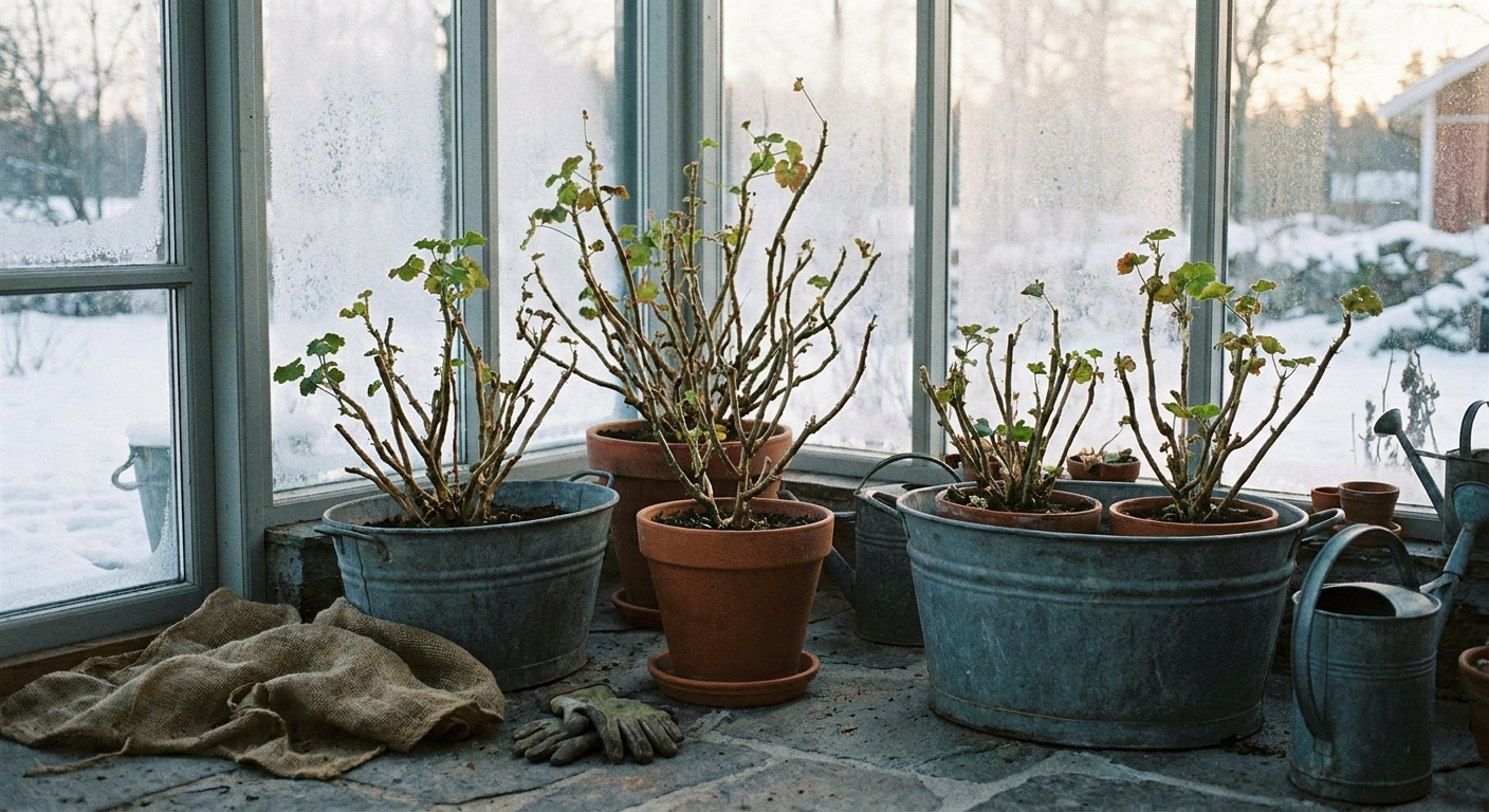 Several trimmed back geranium pots resting on a cool enclosed porch in winter light, real photo