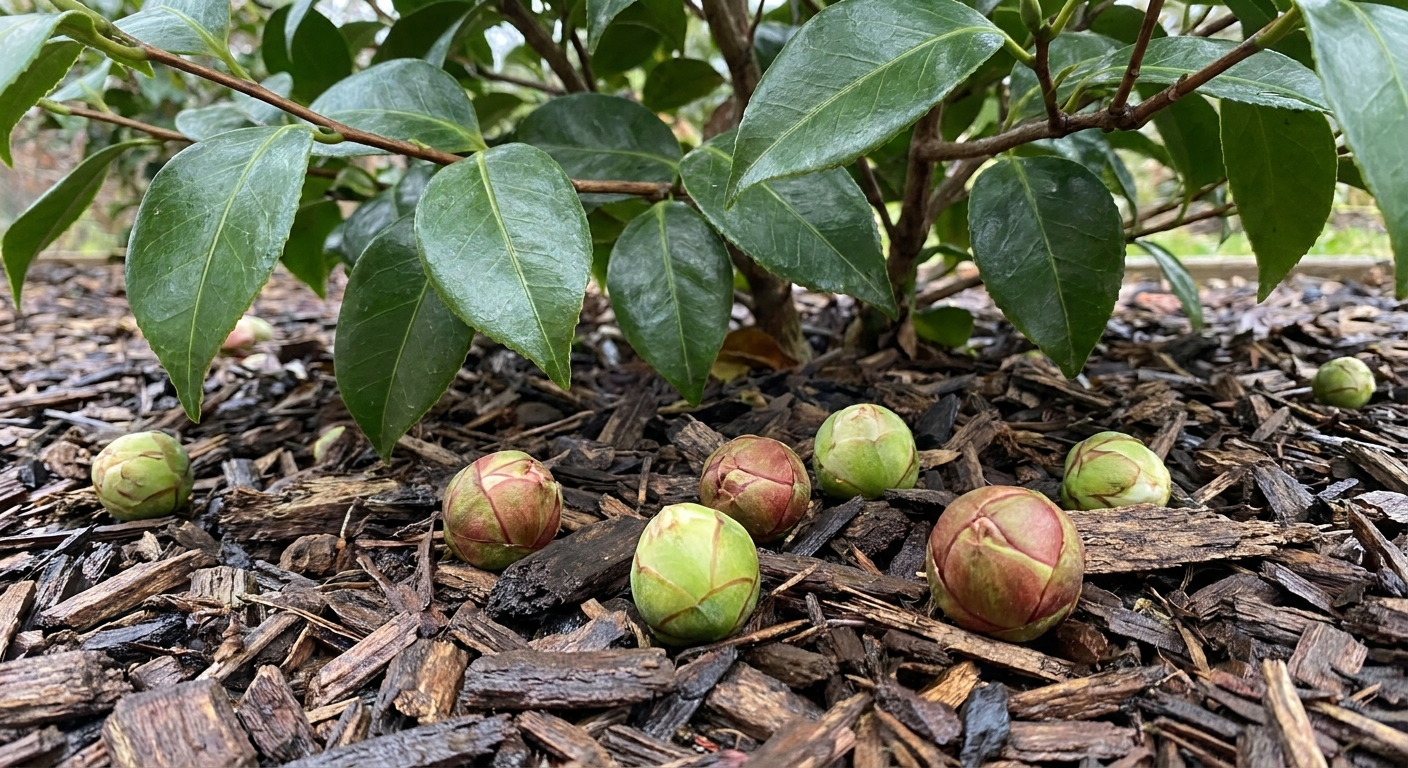 Several unopened camellia buds that have fallen onto dark mulch beneath an evergreen camellia shrub
