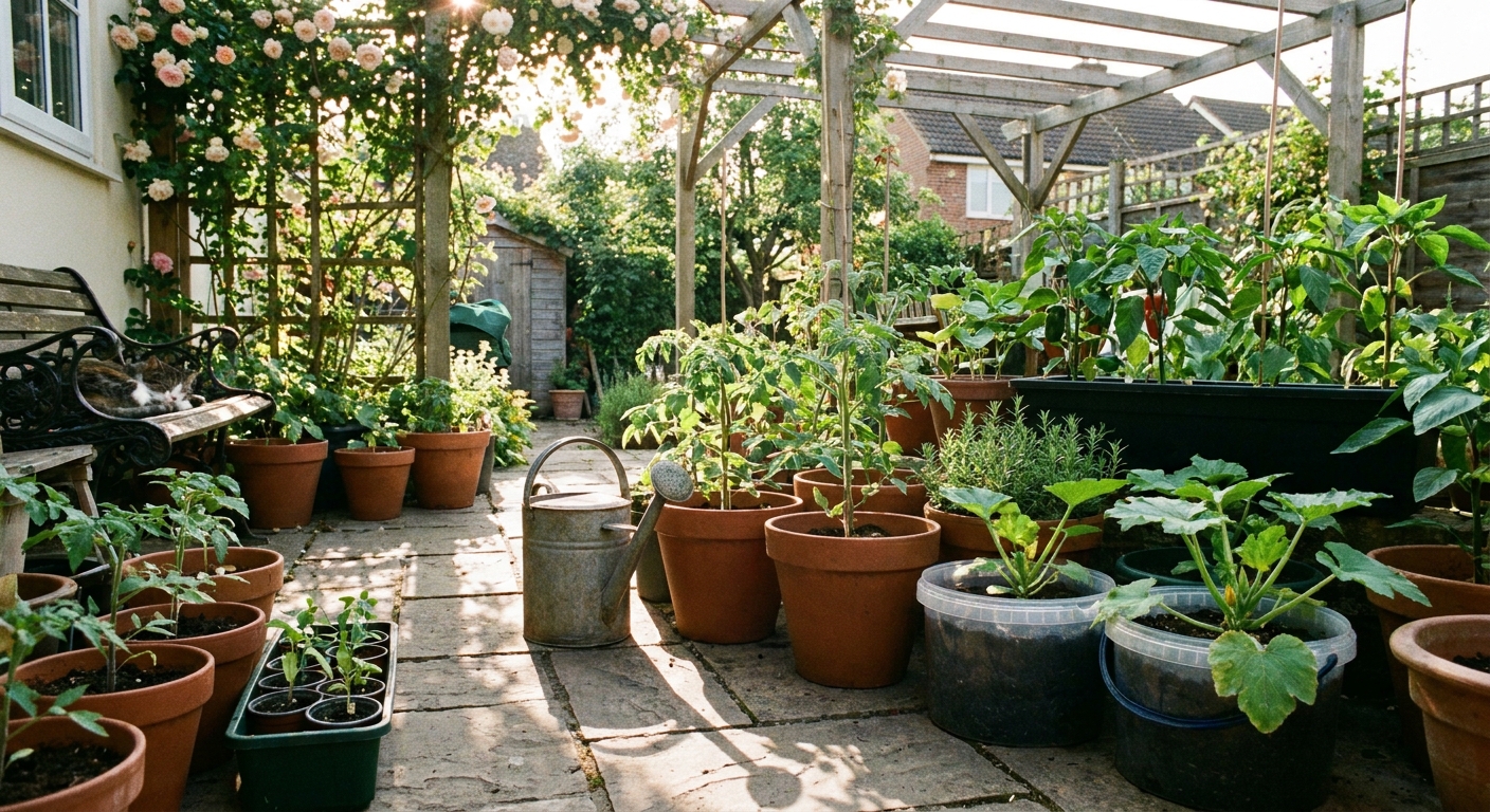 Several vegetable seedlings growing in terracotta and plastic containers on a sunny patio, with a watering can nearby, real photograph