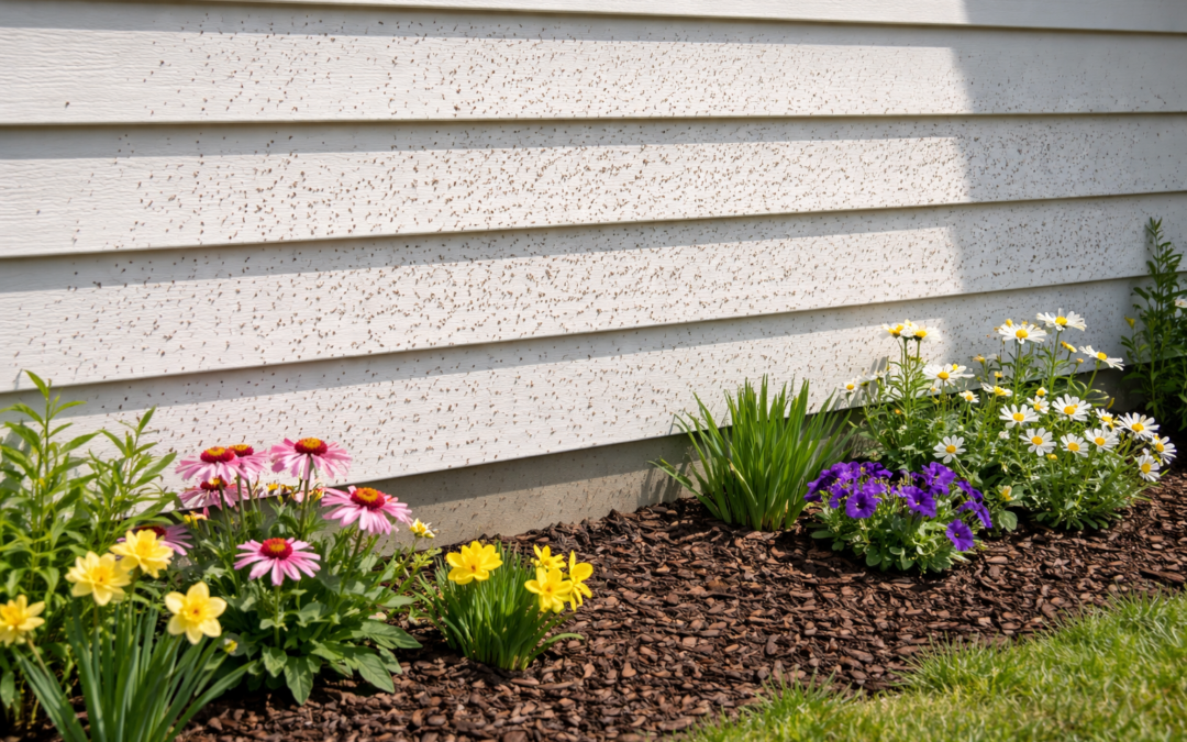 Tiny black tar-like specks stuck to light-colored vinyl siding near the ground line beside a mulched garden bed