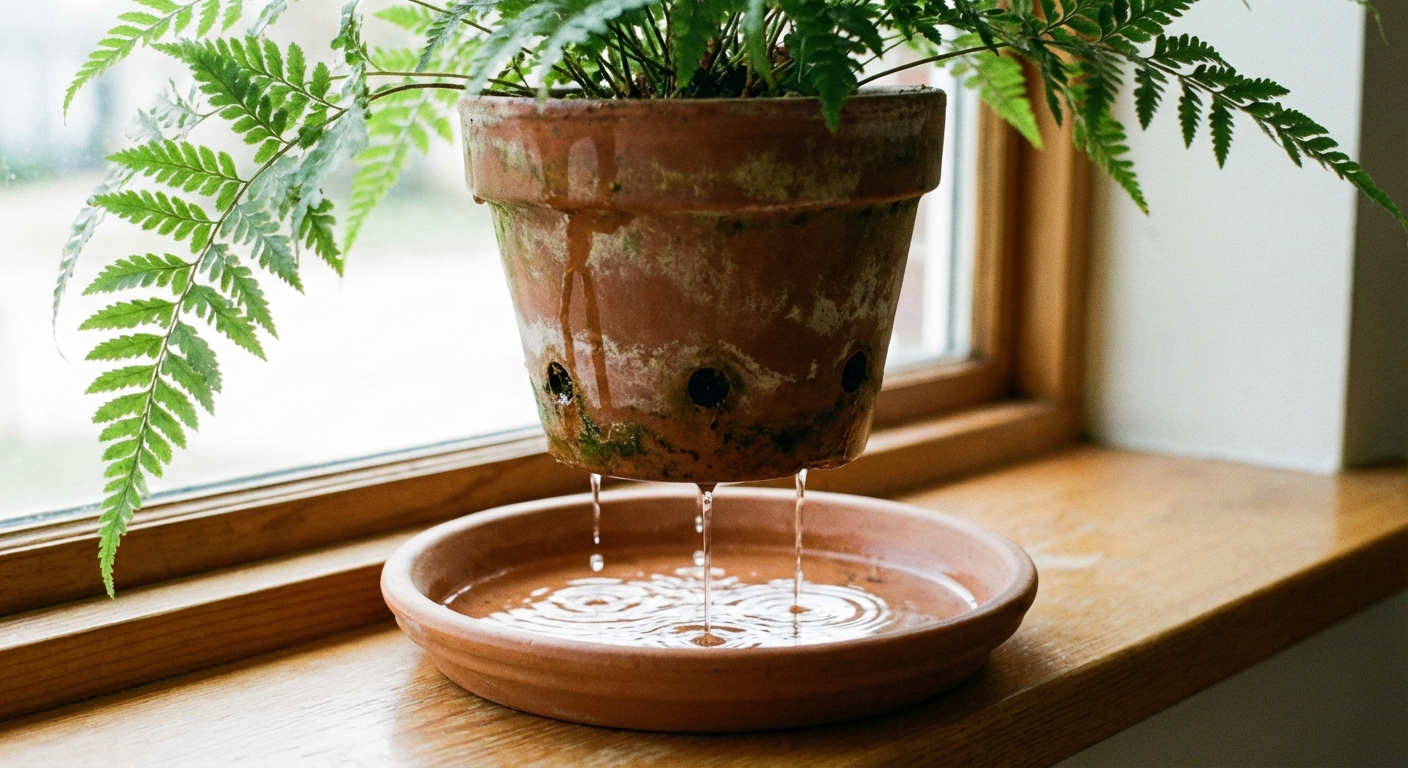 Water draining from the bottom holes of a terracotta houseplant pot into a simple saucer