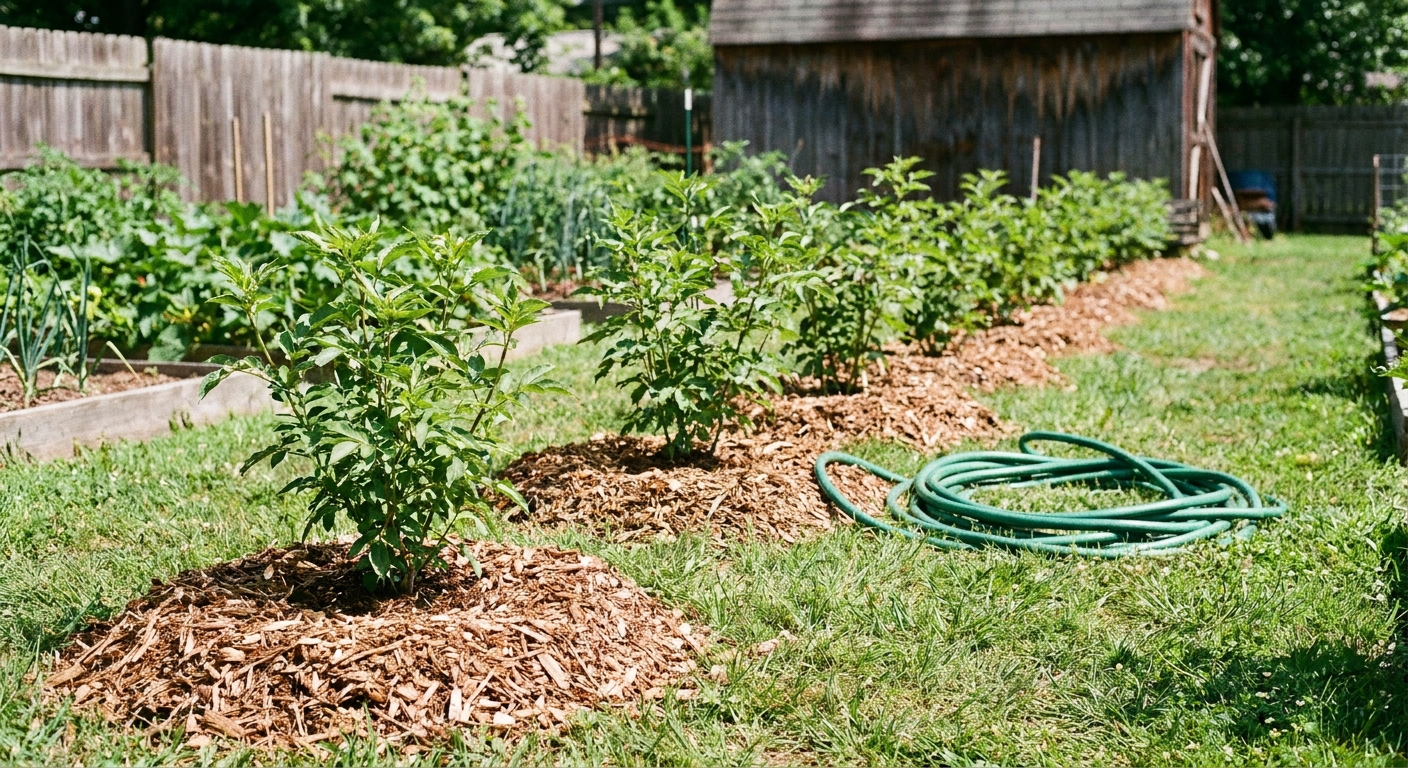 Young elderberry shrubs planted in a backyard row with mulch rings and a garden hose nearby