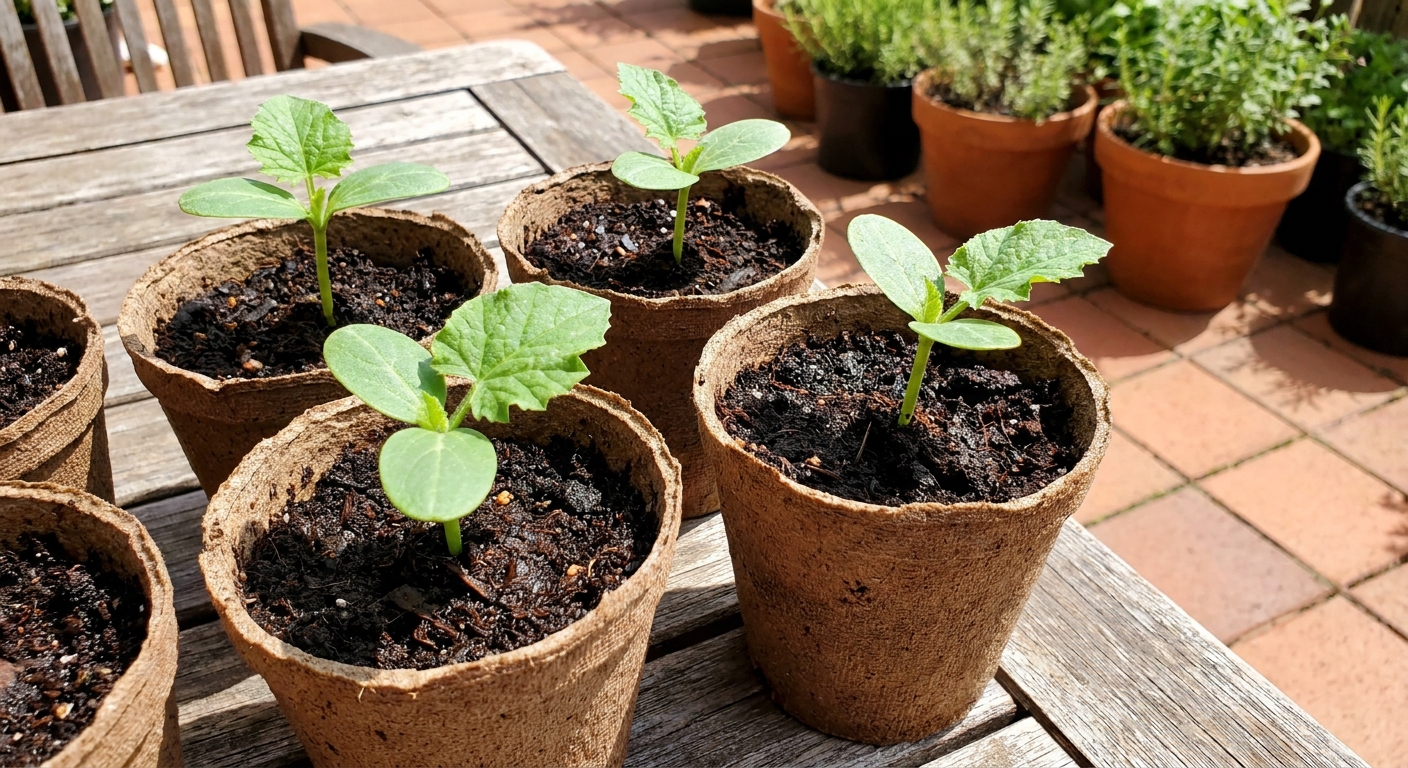 Young watermelon seedlings in biodegradable pots on a sunny patio, with two true leaves and rich potting mix, real photograph