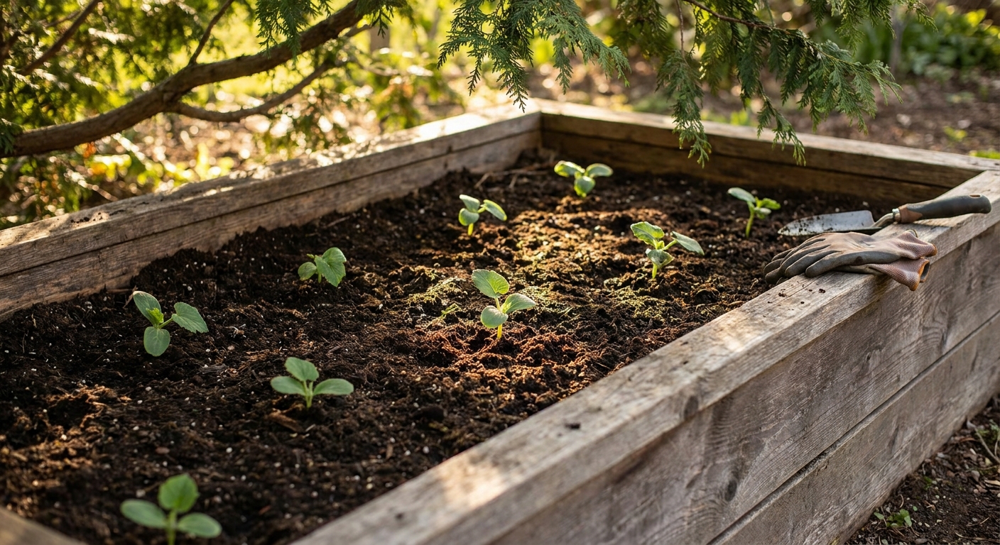 Young winter squash seedlings planted in a compost-rich raised bed on a bright spring day