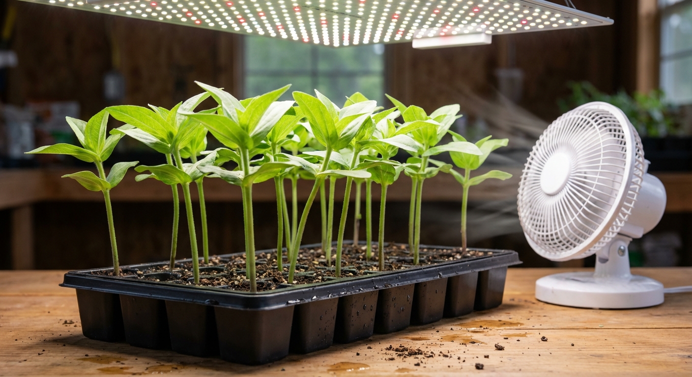Zinnia seedlings growing in a black cell tray under a grow light, with sturdy green stems and true leaves visible, and a small fan sitting on the table nearby